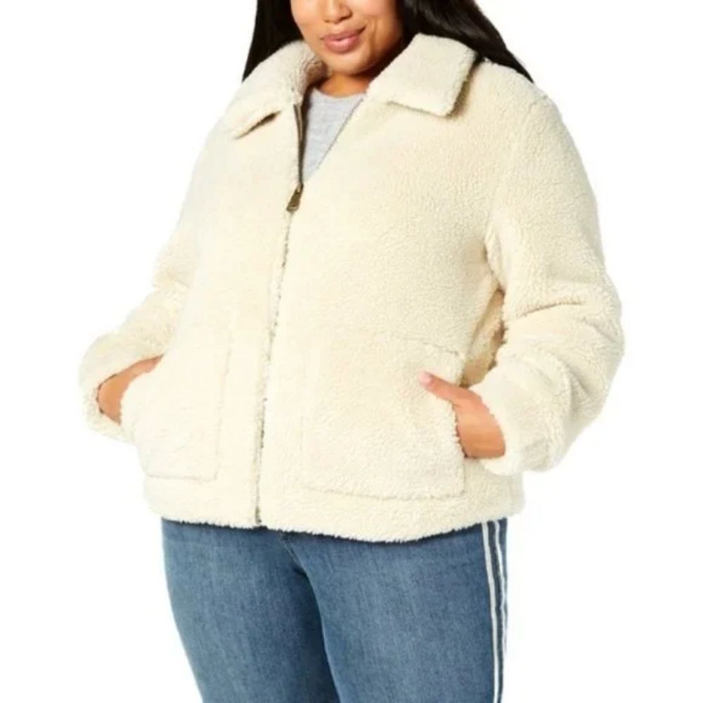 Style & Co Faux Sherpa Teddy Jacket Coat Beige Cream - Plus 0X / 1X NWT